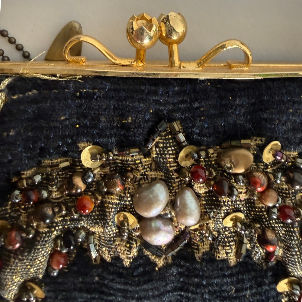Mary Frances Vintage Beaded Tassel Evening Bag Black Pearl Embellished Kiss Lock - Picture 6 of 16